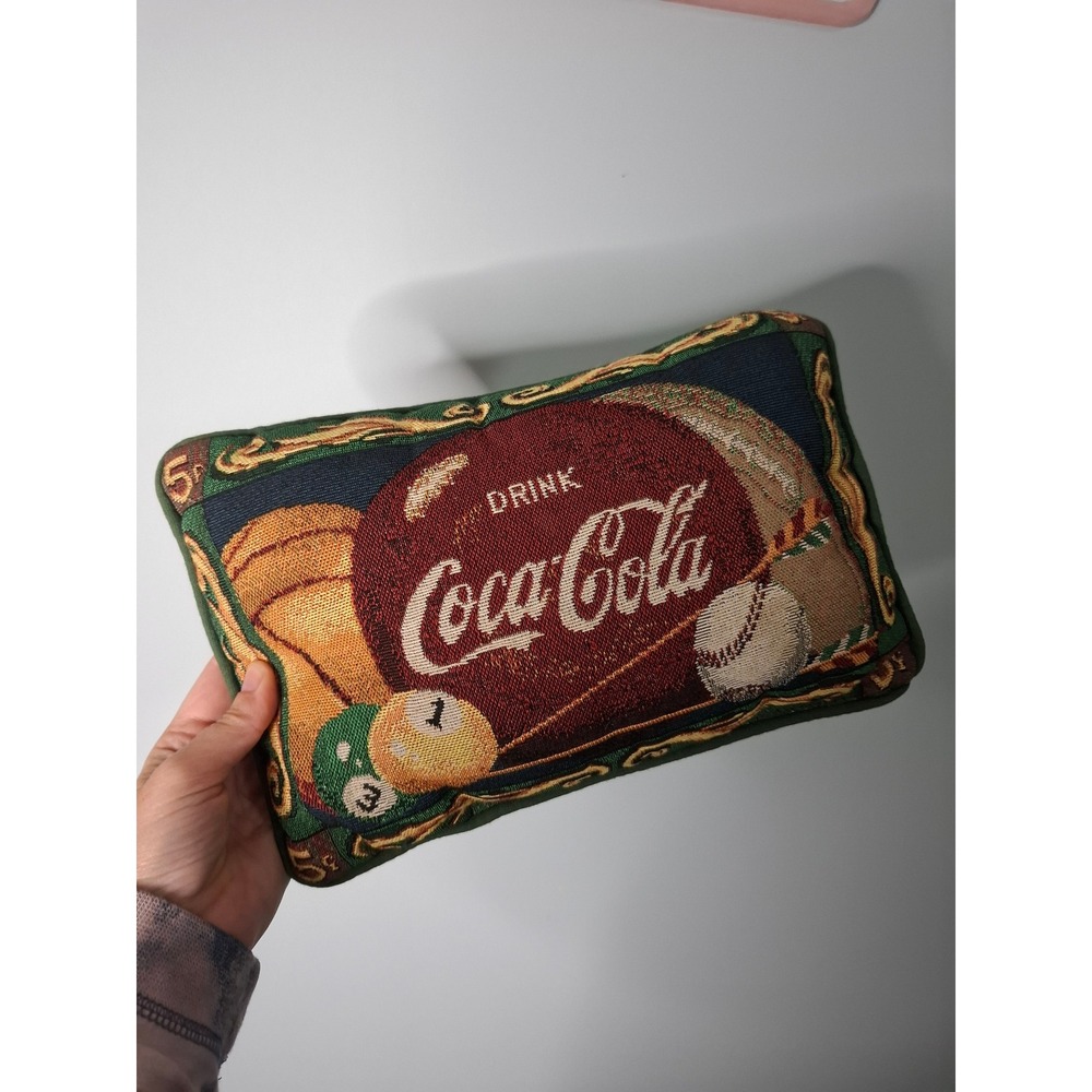 Vintage Coca-Cola Woven Tapestry Throw Pillow Sports Baseball Billiards Green